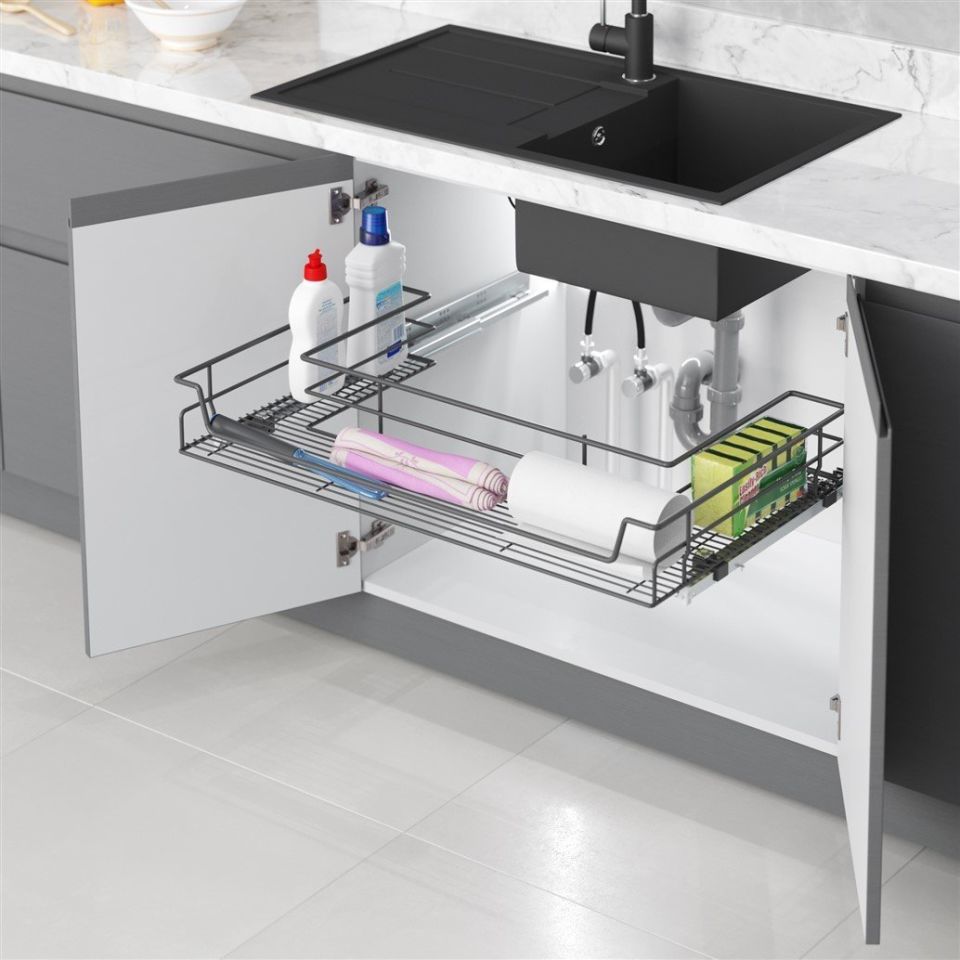 Bağ.Evye Altı Çift Açılım Tandem Raylı Çekmece 90 cm (Frenli) Antrasit