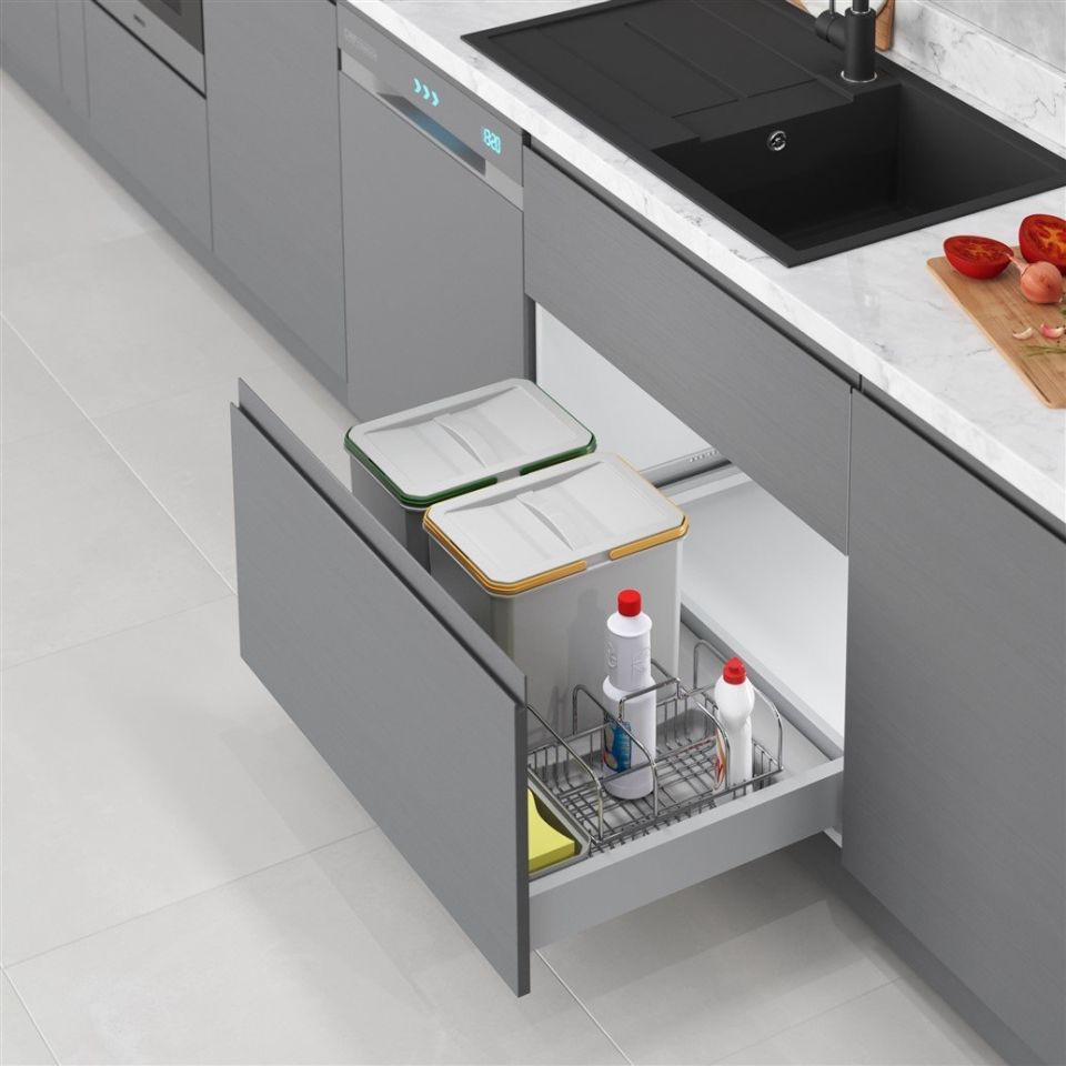 Çekmece İçi Çöp Kovası Taşınabilir Sepetli 80 cm (Frenli) Gri