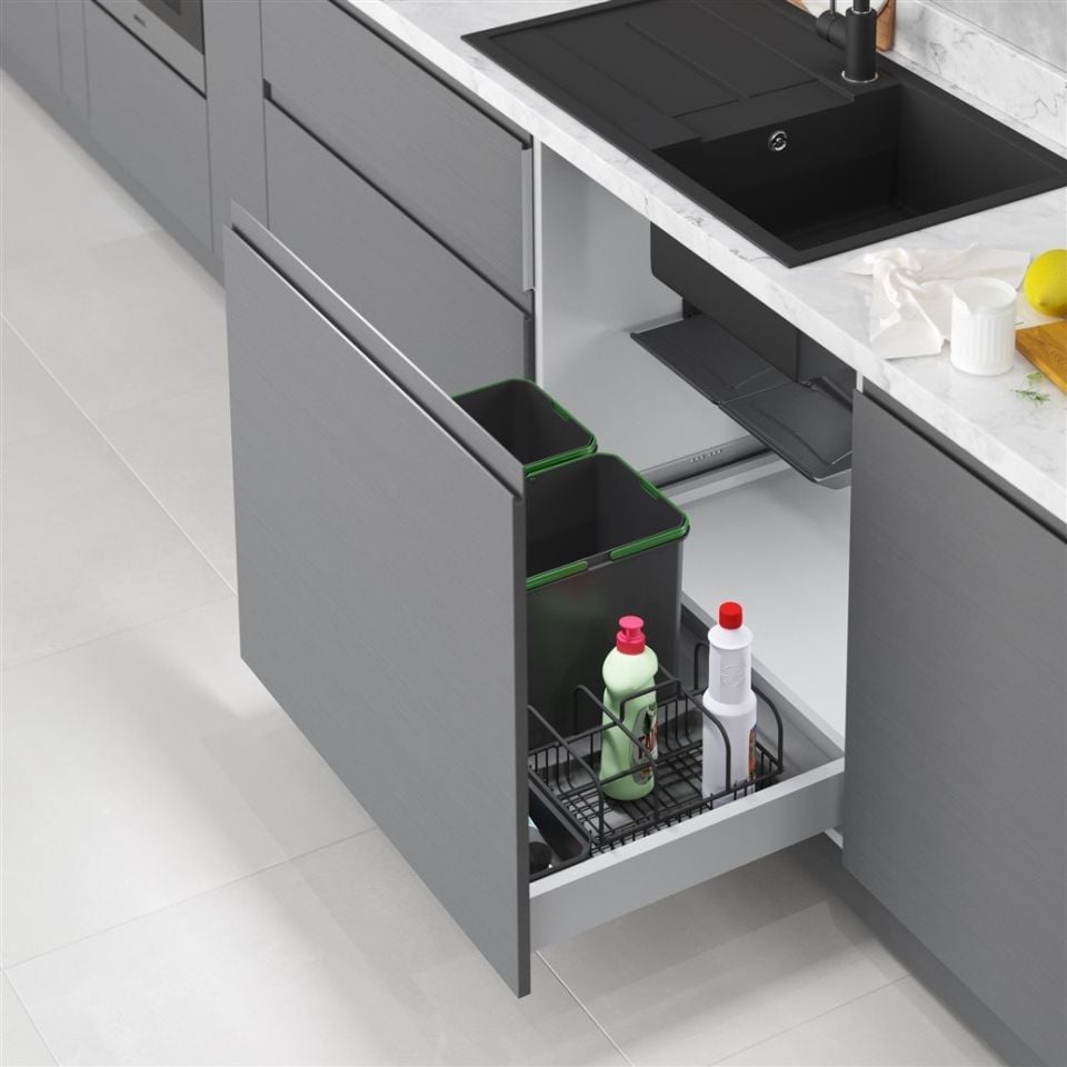 Çekmece İçi Çöp Kovası Taşınabilir Sepetli 80 cm (Frenli) Antrasit