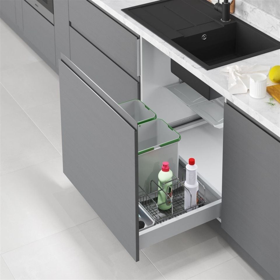 Çekmece İçi Çöp Kovası Taşınabilir Sepetli 80 cm (Frenli) Gri