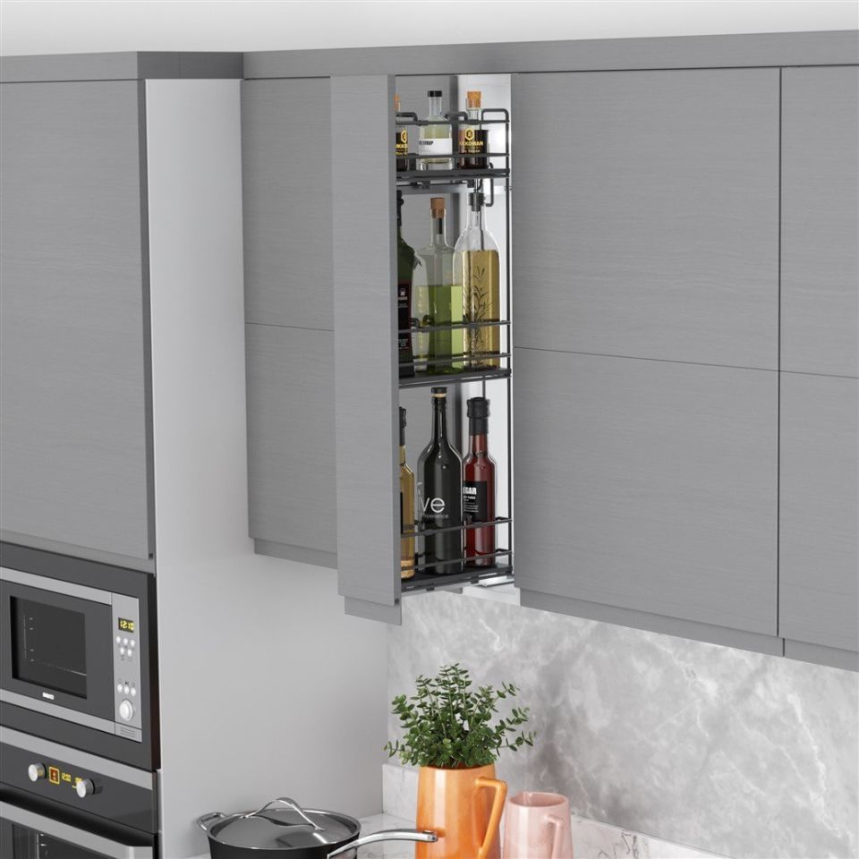 Çift Açılım Tandem Raylı 3 Sepetli Ahşap Tabanlı Mini Şişelik Antrasit